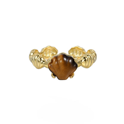 Adjustable silver women's ring with shell and tiger eye stone accents in electroplated 18K gold or white gold finish
