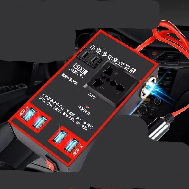 Black 12V 24V to 220V automotive power converter with AC socket and USB charging ports.