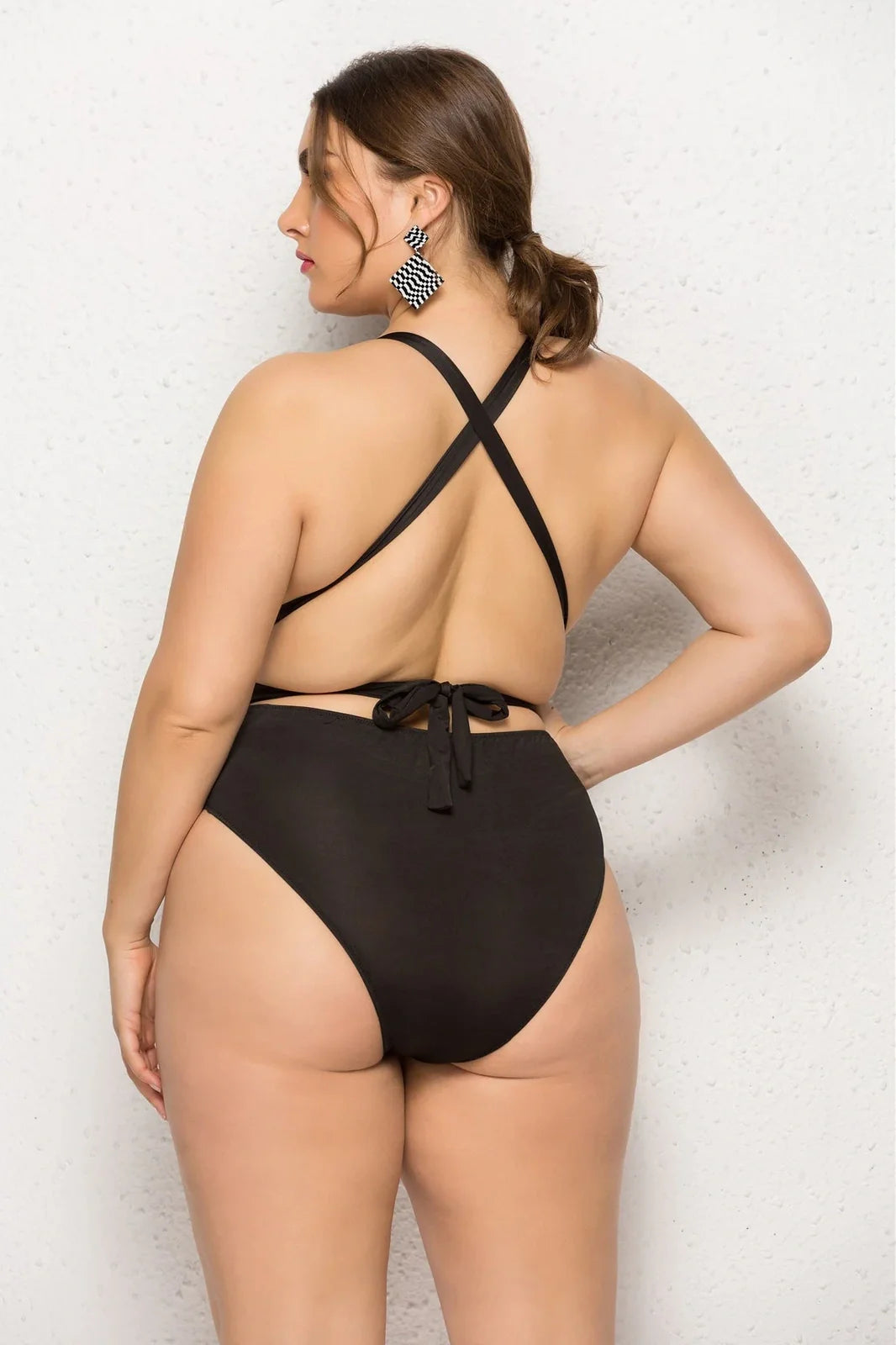 Black plus size one-piece swimsuit with backless high-elasticity design for swimming, sizes 2XL-5XL, 170g polyester-spandex blend