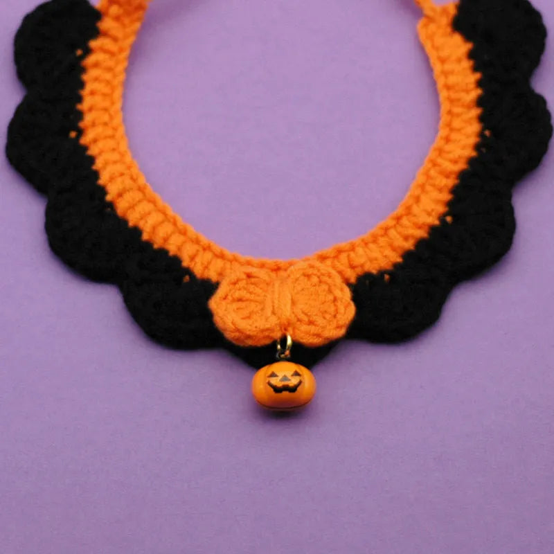 Hand crocheted wool Halloween pet collar for cats and dogs in pumpkin colours