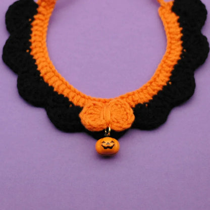 Hand crocheted wool Halloween pet collar for cats and dogs in pumpkin colours
