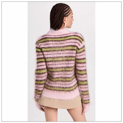 Pink wool ladies cardigan sweater with nap finish and contrast detailing, shown in cardigan and pullover styles.
