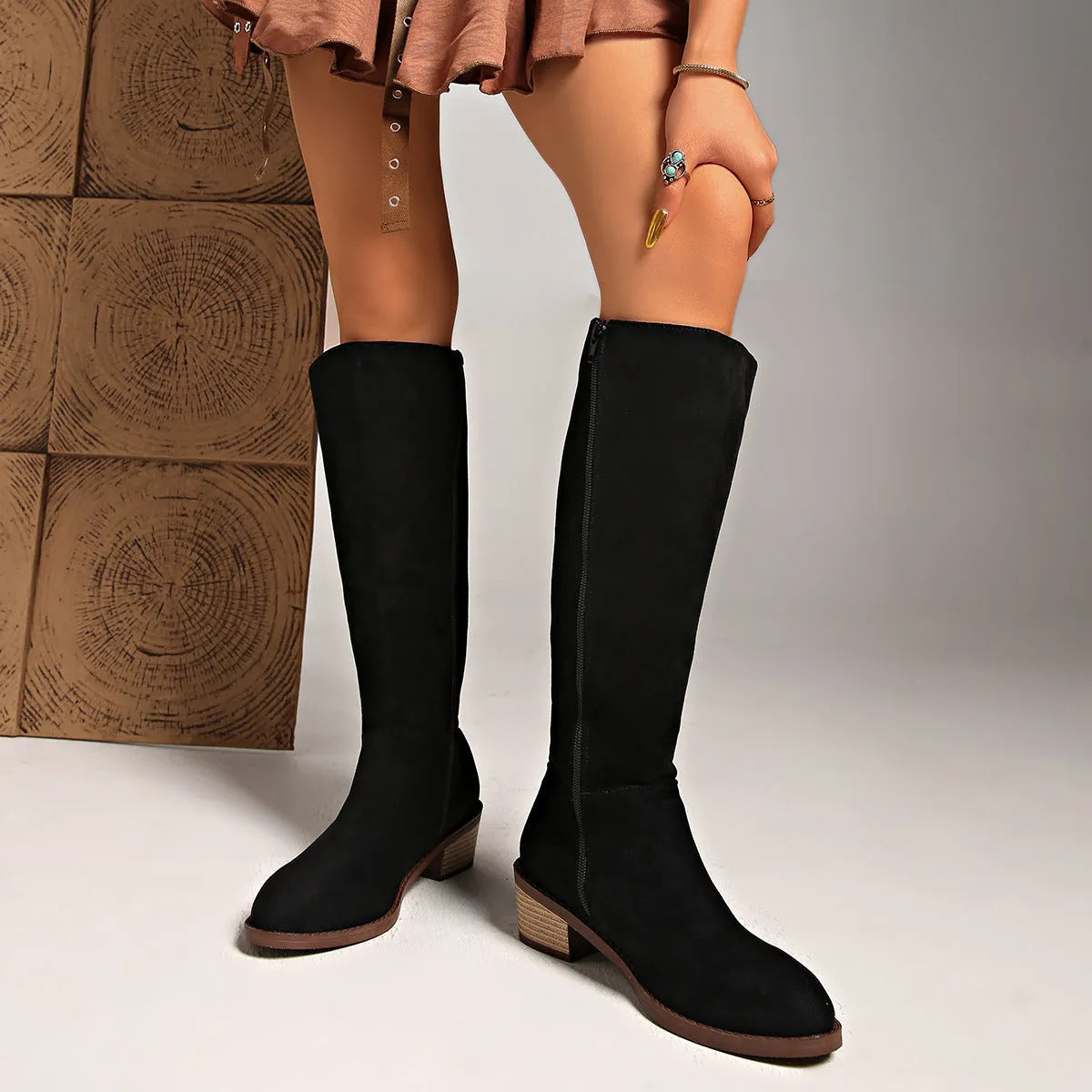 Women's slimming suede boots with side zipper, mid heel, pointed toe, cowhide upper, in khaki black brown.