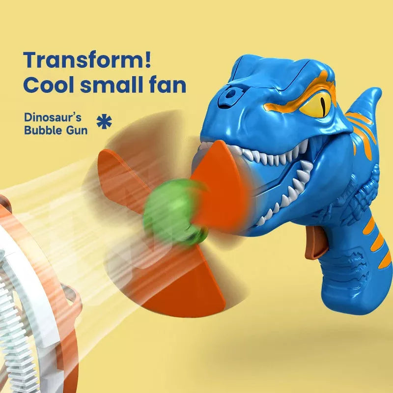 Dinosaur-shaped bubble machine for kids with red, blue, and green options