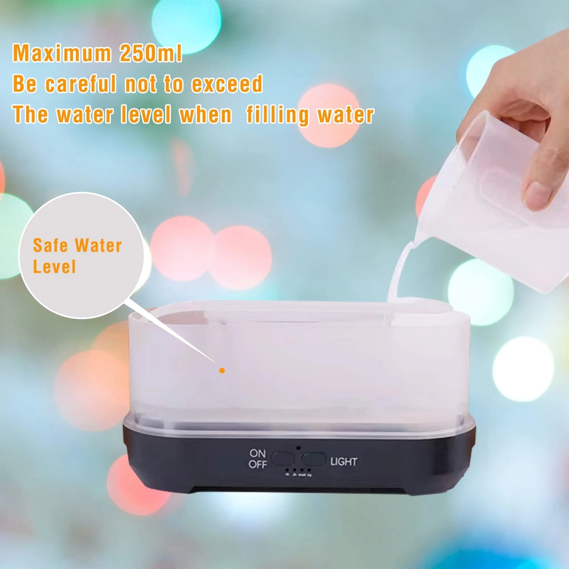 Square wood grain humidifier with colourful snowflake pattern and multicolour flame effect mist.