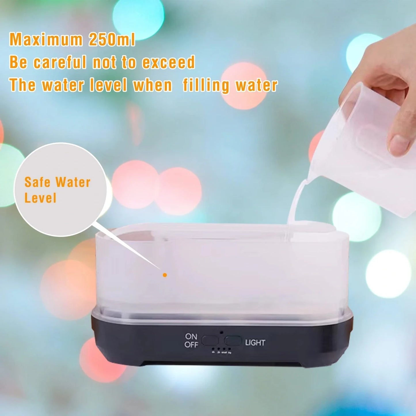 Square Christmas snowflake pattern humidifier with wood grain design and colourful flame lighting effect on desktop