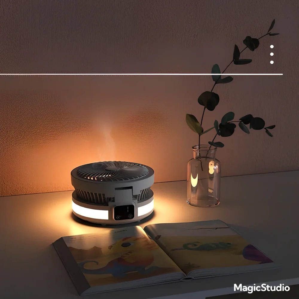 Black portable desk electric fan with foldable base, LED display, and hanging hook for versatile placement