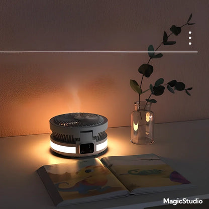 Black portable desk electric fan with foldable base, LED display, and hanging hook for versatile placement