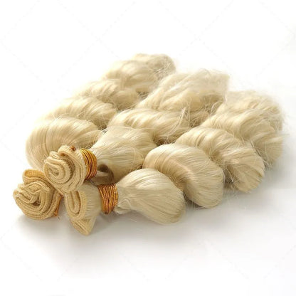 Golden high temperature fibre hair weft for women shown in 18, 20, and 22 inch length options.