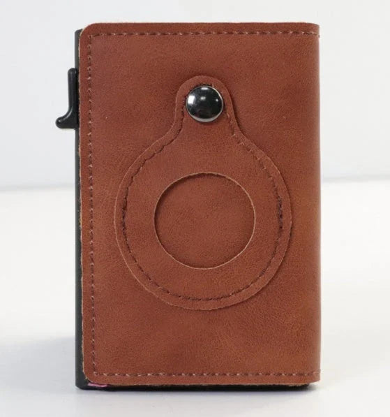 Slim leather wallet with built-in AirTag holder, featuring RFID-blocking technology and convenient card access