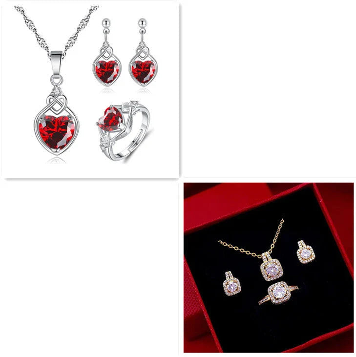 Elegant gold-toned jewelry set including necklace, earrings, and ring with zircon gemstone pendant