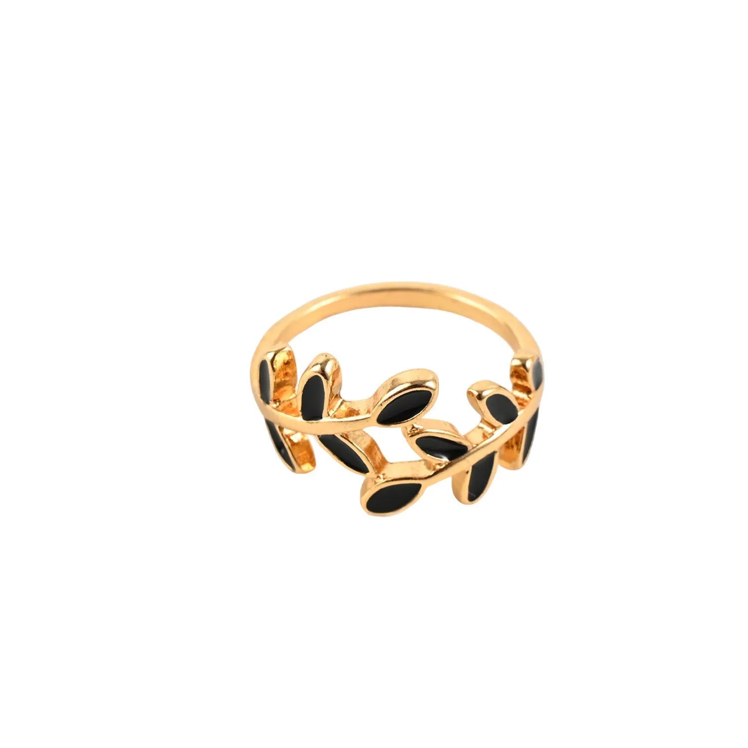 Gold electroplated geometric ring with leaf motif and acrylic accents for women's index finger