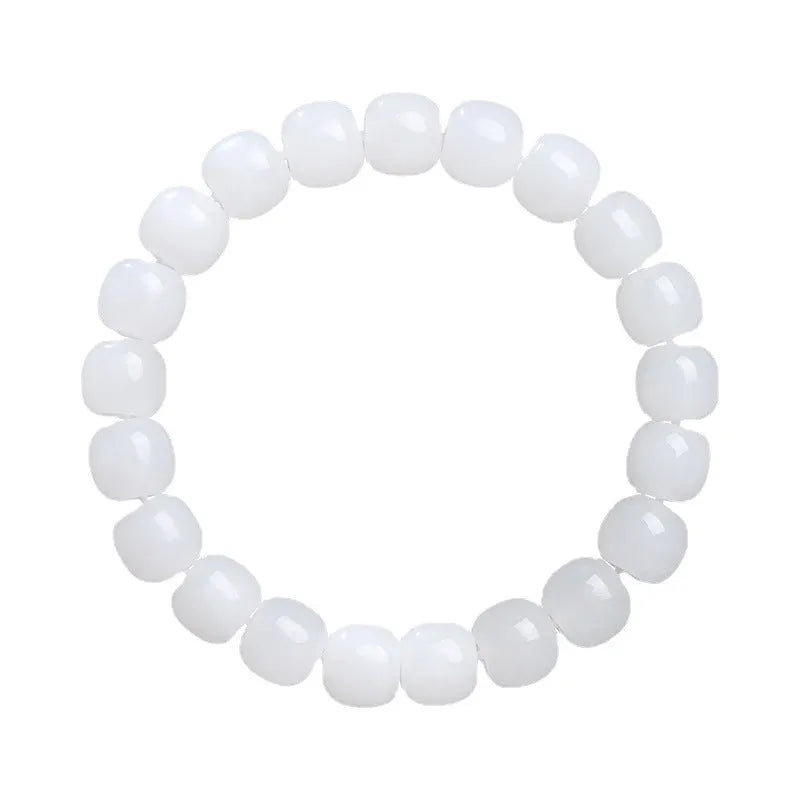 White jade barrel beads bracelet on wrist, showing Hetian jade stones in casual unisex design