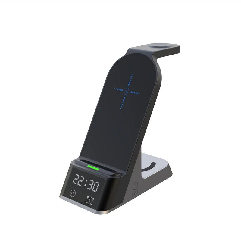 Black multifunctional wireless charging alarm clock with six device charging capability and integrated clock display