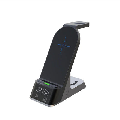 Black multifunctional wireless charging alarm clock with six device charging capability and integrated clock display