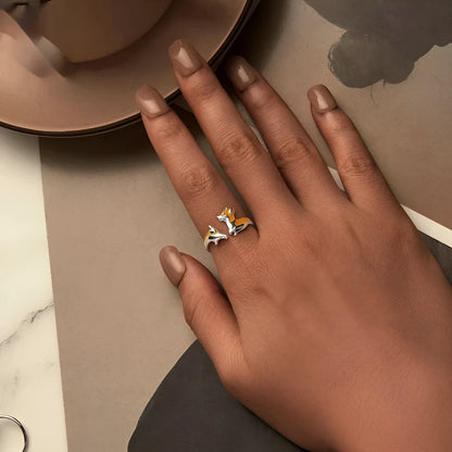 Silver ring with a cute cartoon corgi dog design, electroplated in colour SCR1014-E.