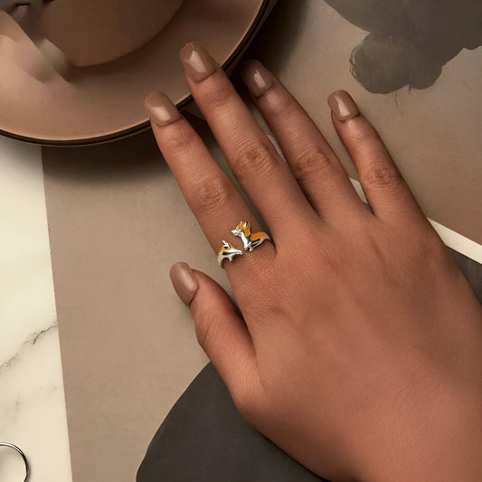 Silver ring with a cute cartoon corgi dog design, electroplated in colour SCR1014-E.