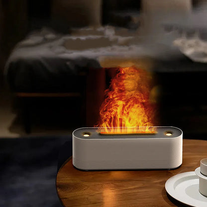 Black Flame Air ultrasonic humidifier with LED lights and mist output on wooden surface
