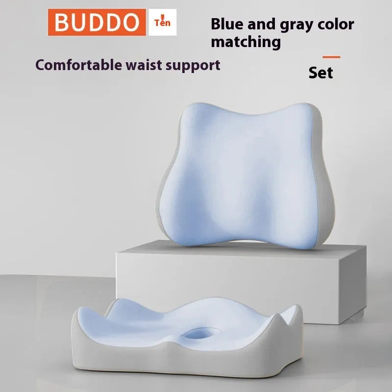 Memory foam seat cushion with contoured shape for lower back support, measuring 40cm x 40cm