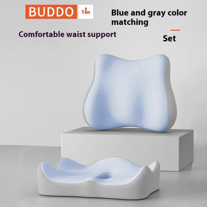 Memory foam seat cushion with contoured shape for lower back support, measuring 40cm x 40cm