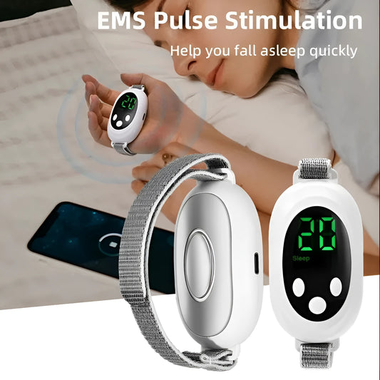 White handheld sleep aid remote control device with USB charging port on a bedside table.