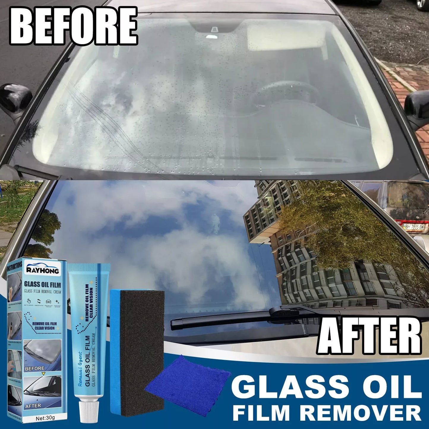 30g Car Windshield Glass Decontamination Rainproof Oil Film Remover with Sponge Cloth