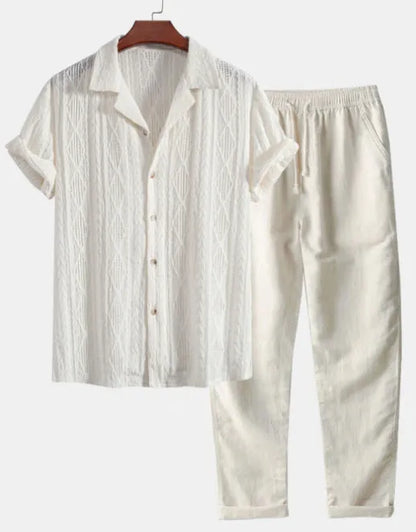 Slim-fit casual suit with digital camouflage print, short-sleeved lapel shirt, and matching trousers for leisure wear