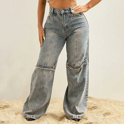 Stylish Y2K-inspired wide-leg denim jeans for women in a relaxed, comfortable fit and classic blue color
