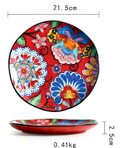 Underglaze ceramic bowl with Bohemian floral pattern in blue mandarin duck design, 8 inch diameter