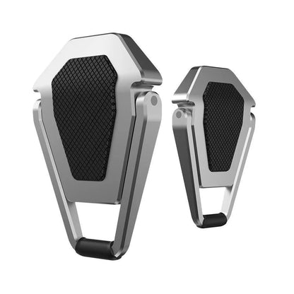 Folded aluminium laptop bracket showing compact 4.8cm size with 3M adhesive tabs