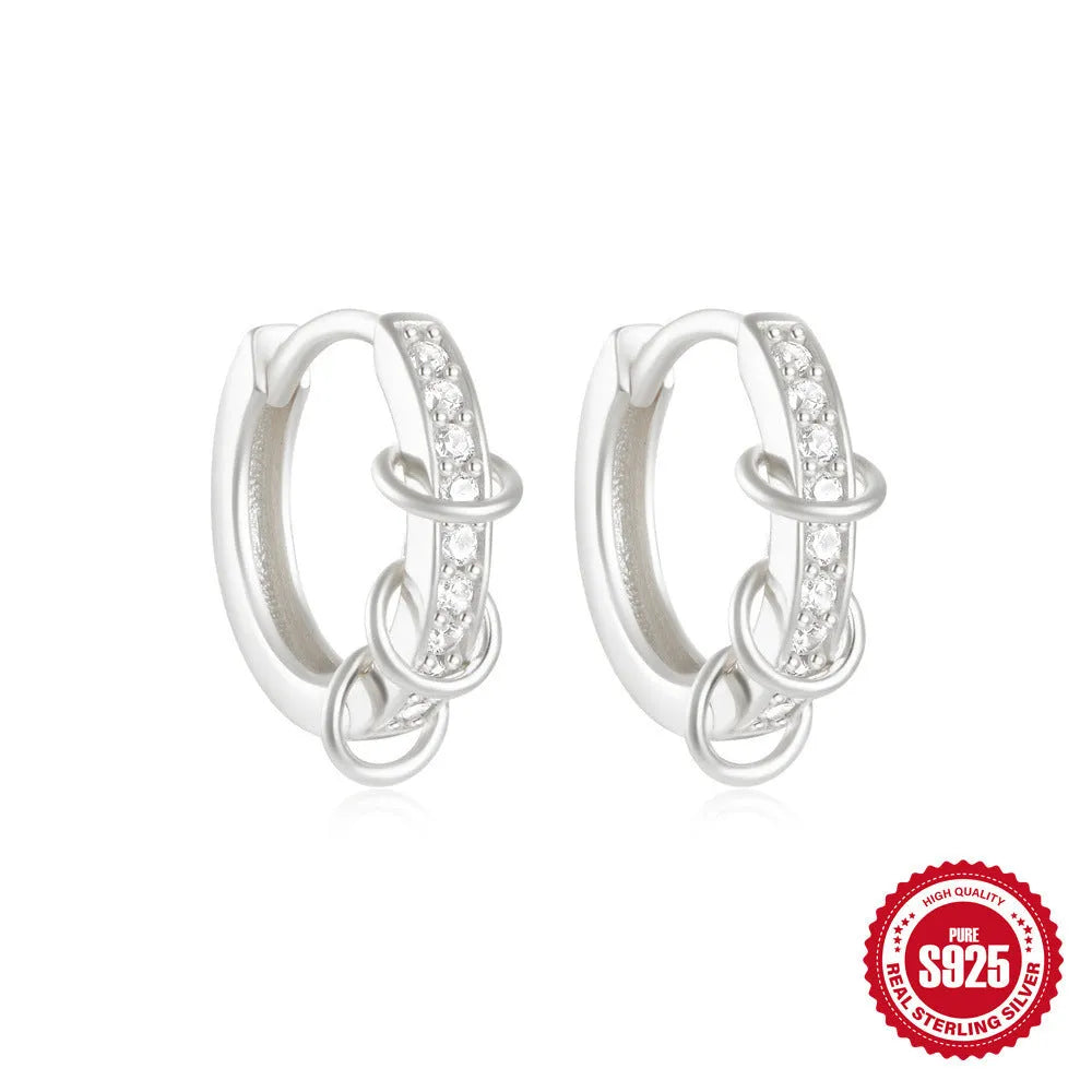 Sterling silver geometric stud earrings with small round diamond accents in gold or silver finish