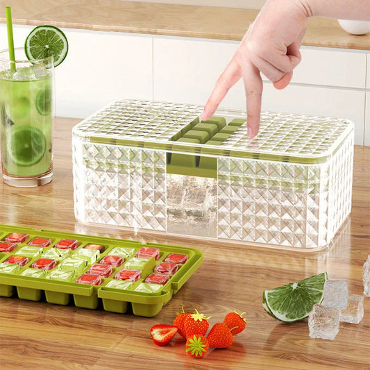 Large silicone square ice mold with lid for easy ice cube removal, available in green and purple