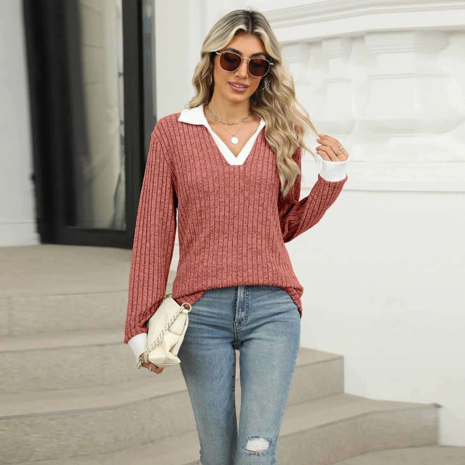 Women's loose-fit lapel long sleeve t-shirt in various colors