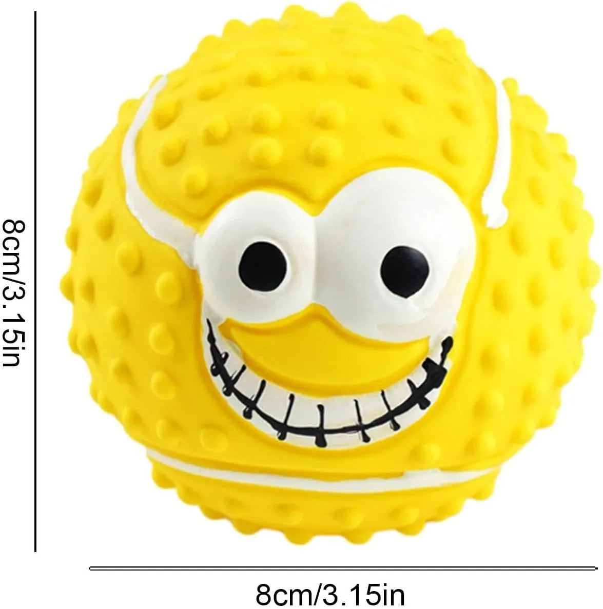 Green, orange, and yellow latex dog balls with smile face designs for chewing and play