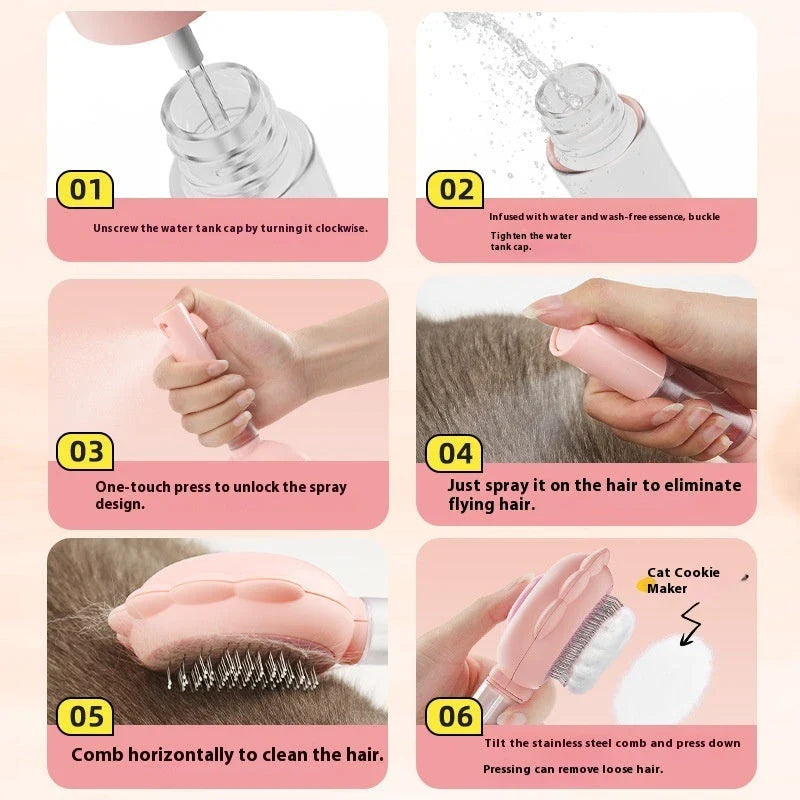 A versatile pet grooming brush with a built-in spray function for efficient hair removal and a calming grooming experience