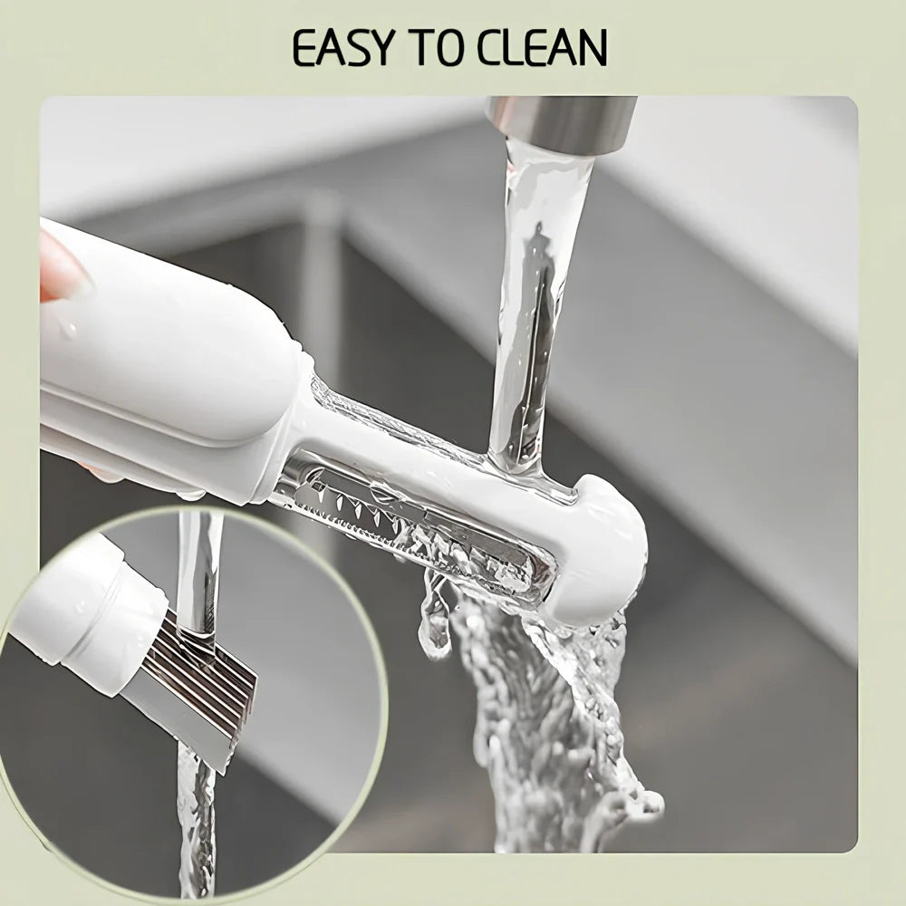 White 3-in-1 rotary paring knife with stainless steel blades showing 360° rotating mechanism