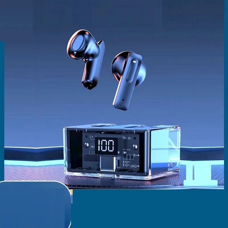 Transparent capsule case containing true wireless Bluetooth earbuds in light blue, showing digital display.