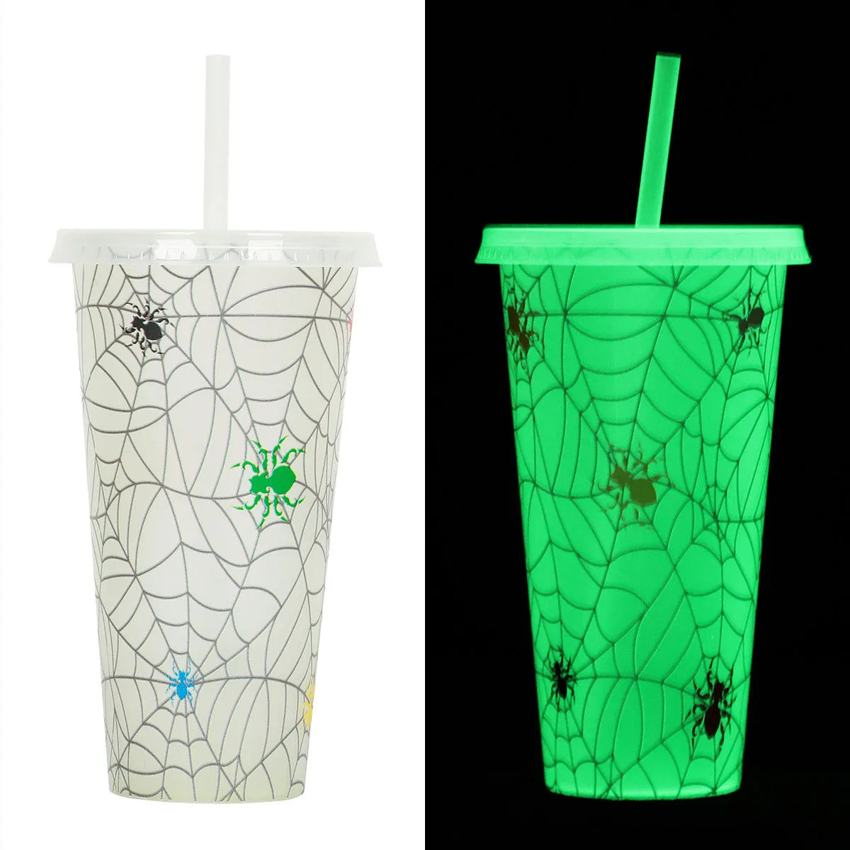 720ml plastic sippy cup with luminous straw showing cylindrical shape and Halloween colours