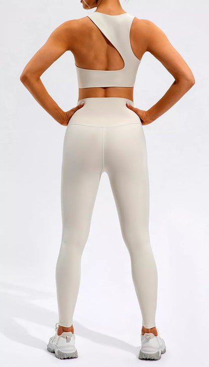 High waist running and yoga tight set in Lycra fabric, available in off-white, black, and dark brown
