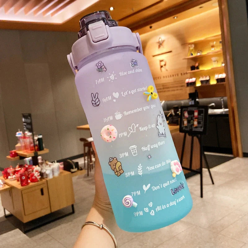 2000ml gradient color water bottle with straw and scale feature