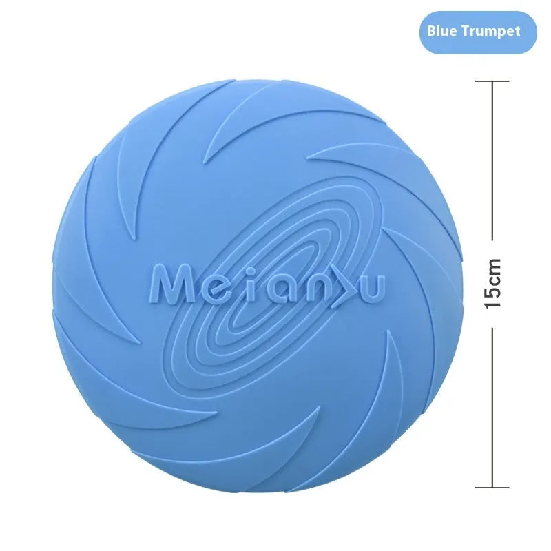 Soft rubber dog frisbee toy in red, blue, and green colours showing small, medium, and large size options