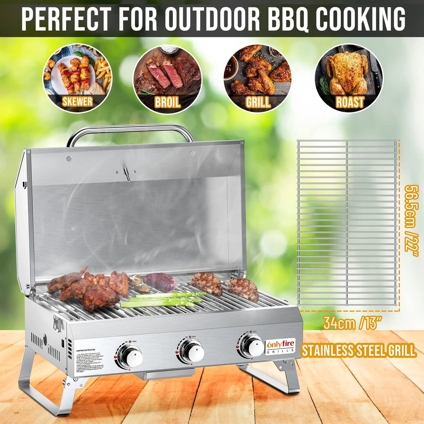 Silver stainless steel desktop gas barbecue grill with 3 burners and foldable legs