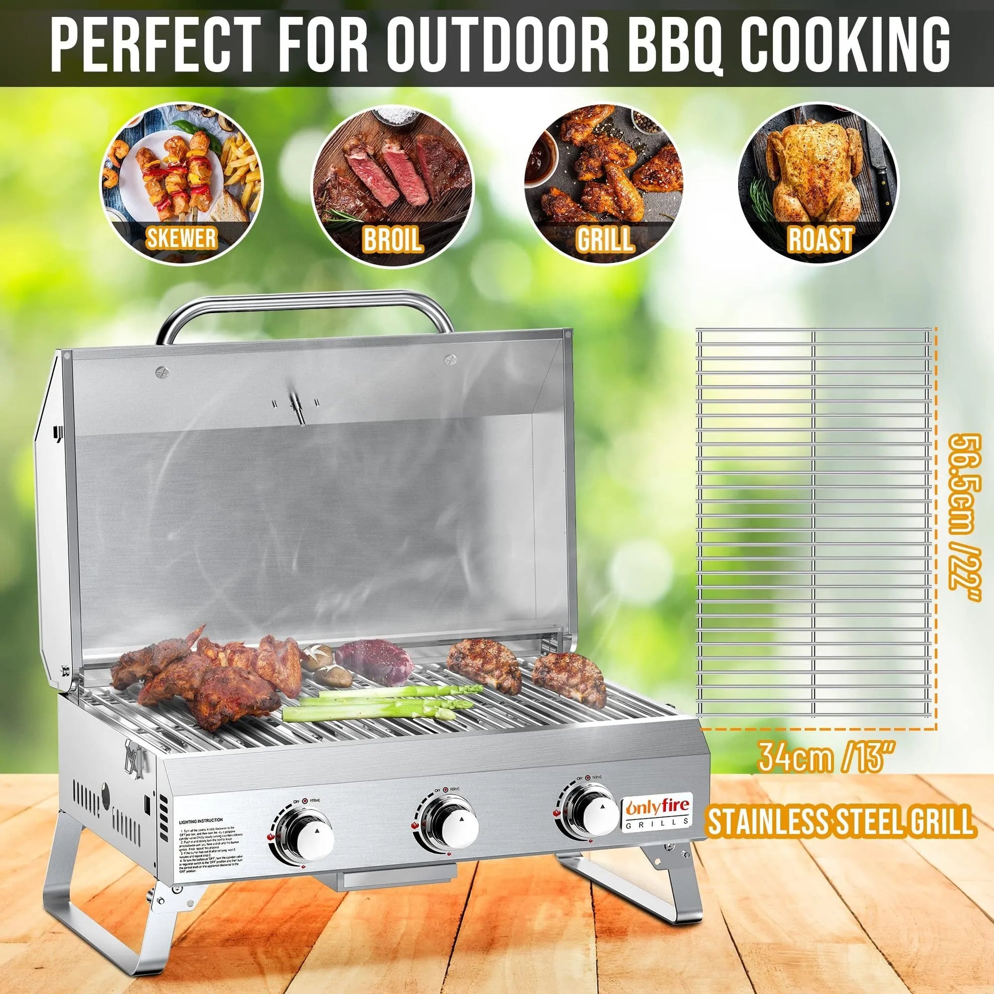 Silver stainless steel desktop gas barbecue grill with 3 burners and foldable legs