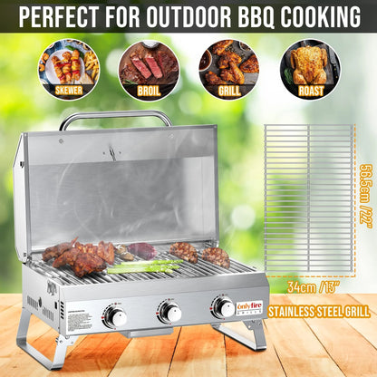 Silver stainless steel desktop gas barbecue grill with 3 burners and foldable legs