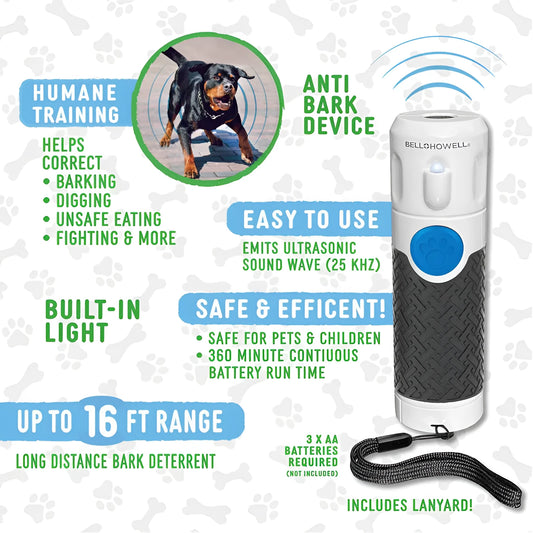 White handheld ultrasonic dog bark control trainer on a plain background.