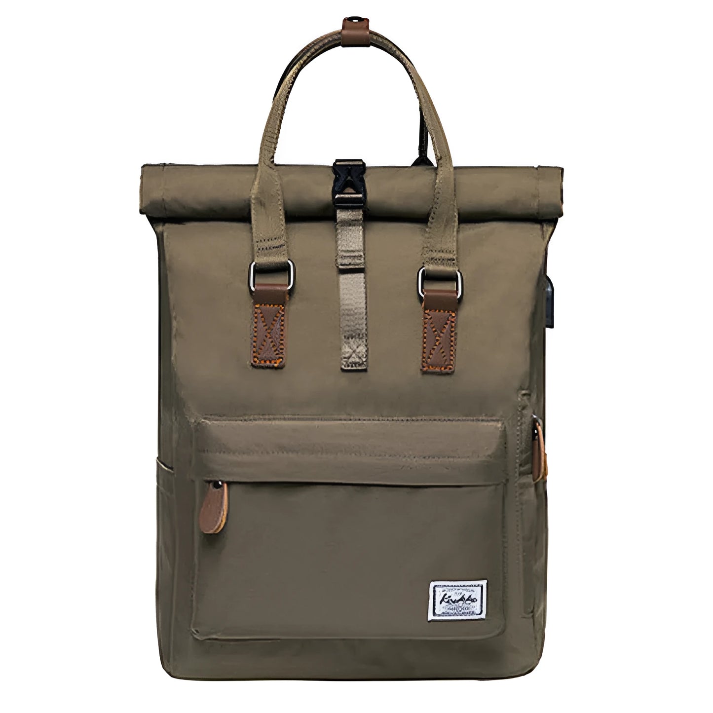 Casual polyester backpack with cover opening showing internal computer pocket and zippered compartment
