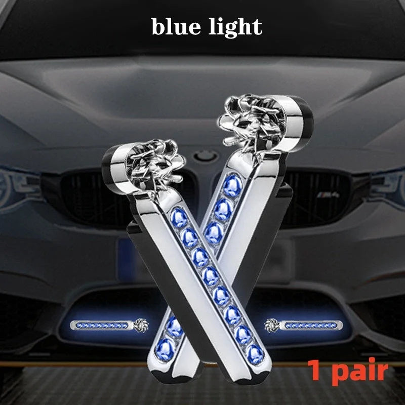 Wind-powered LED daytime running lights for cars and motorcycles in colorful, white, and blue options