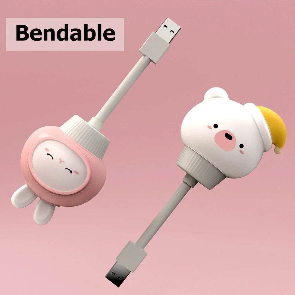 USB portable LED night light with cartoon animal design showing three brightness levels and remote control