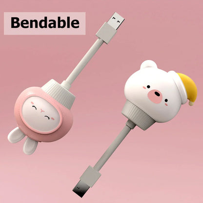 USB portable LED night light with cartoon animal design showing three brightness levels and remote control