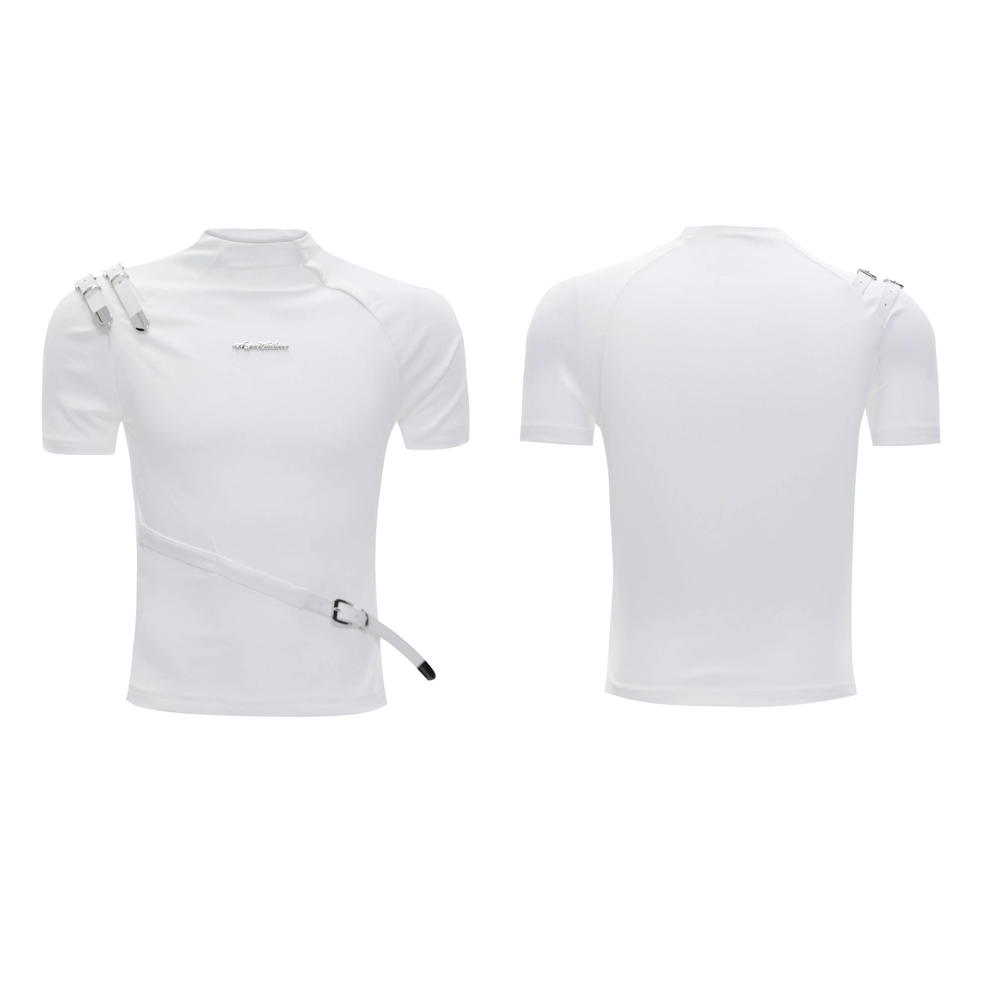 Men's black slim fit cotton T-shirt with a metal belt detail on the stand-up collar.